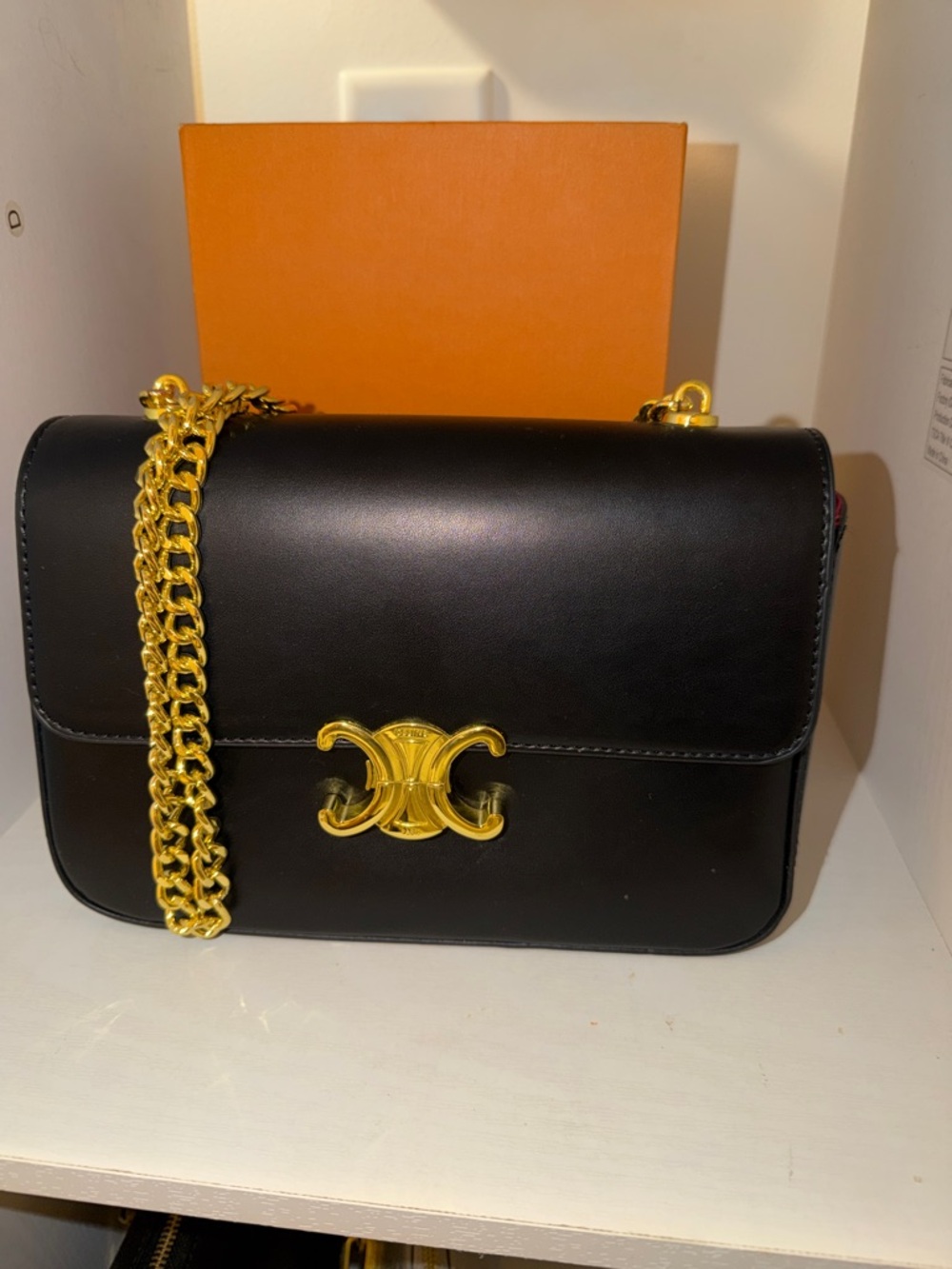 Celine Black Leather Triomphe Crossbody with Gold Chain